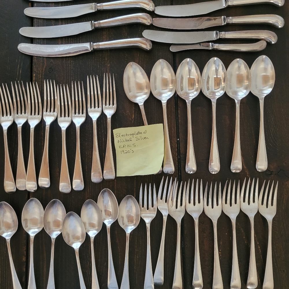 38 Pieces Electroplated Nickel Silver 1920's E.P.N.S nice patina R.F. Moseley